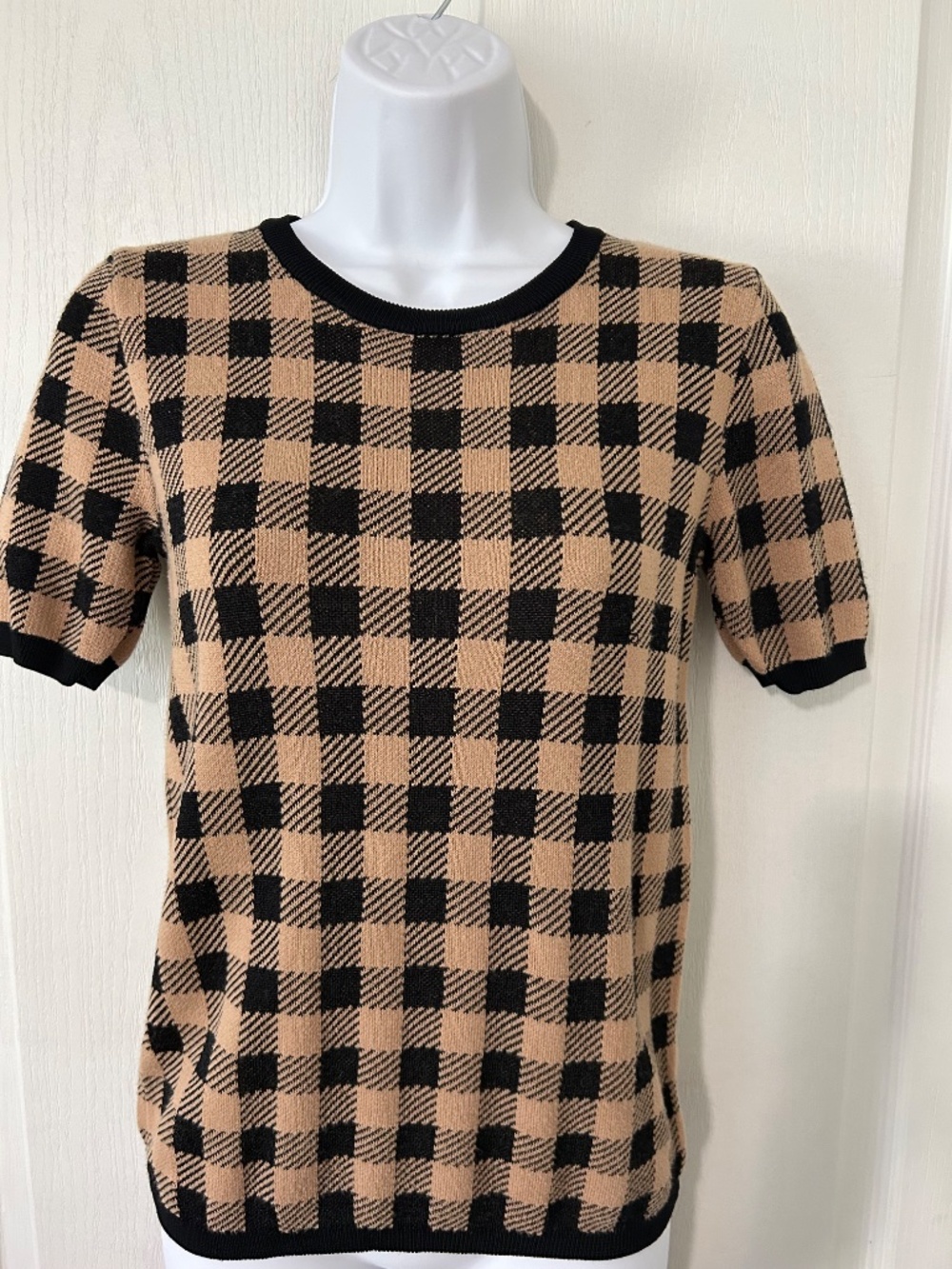 Ann Taylor Camel Black Gingham Checked Knit Short Sleeve Sweater Tee Small